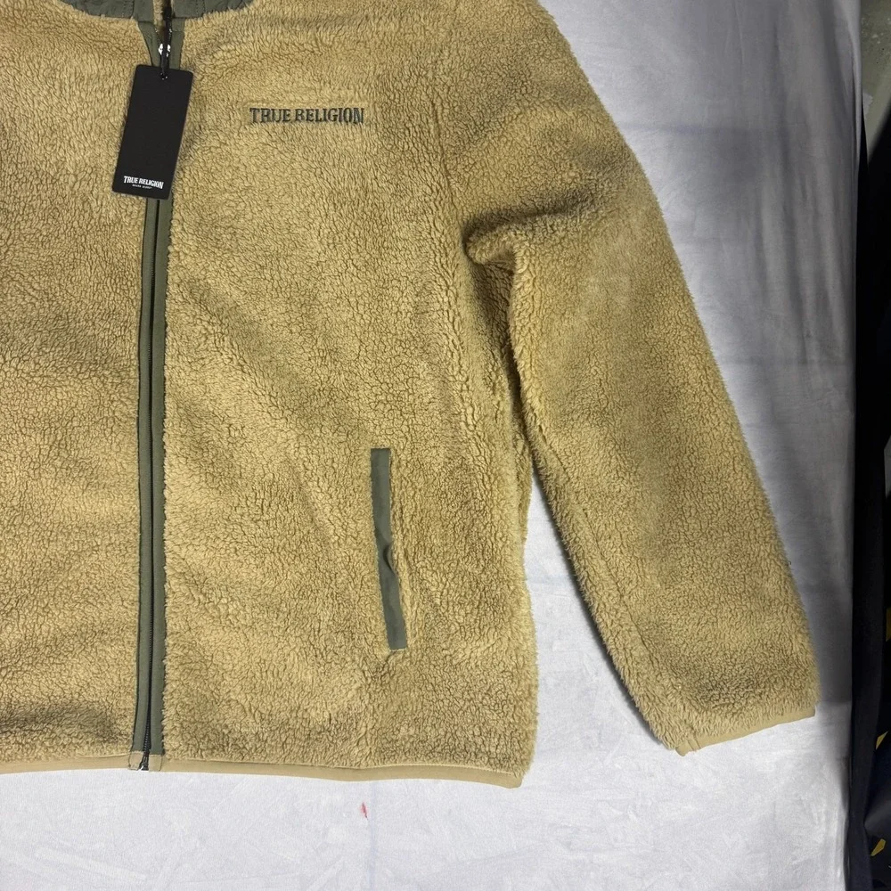NWT True Religion Mens‎ Contrast Sherpa Hooded Jacket Beige Soft Cozy Winter L